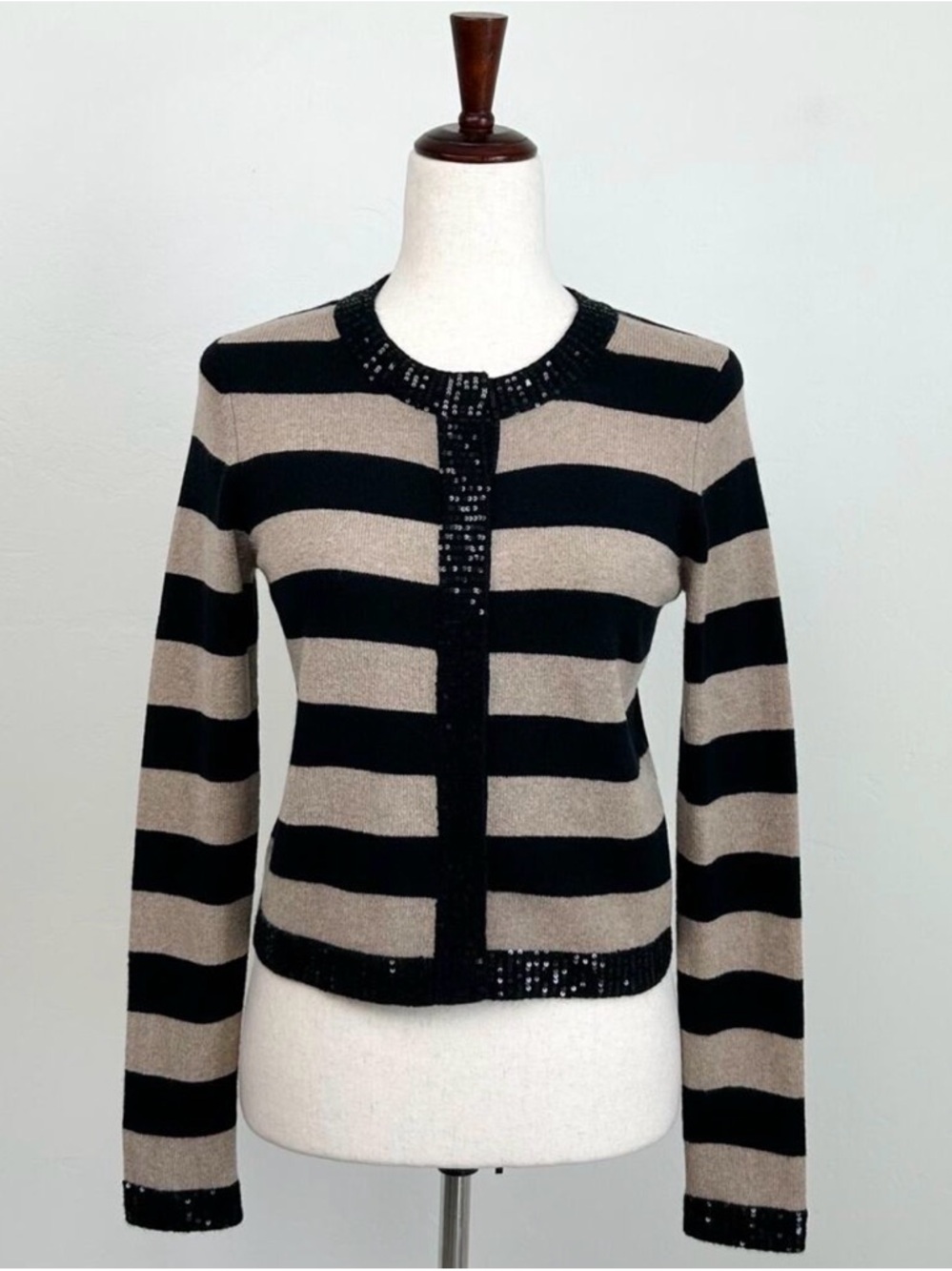Autumn Cashmere Sequin Embellished Tan Black Stripe 100% Cashmere Knit Cardigan